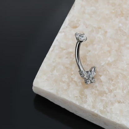 XUU Titanium Belly Button Rings 14G, Implant-Grade Navel Piercing, Luxury CZ Shape with Flower Butterfly, Hypoallergenic Curved Barbell Jewelry for Women, Gold or Silver - style: Butterfly-Silver