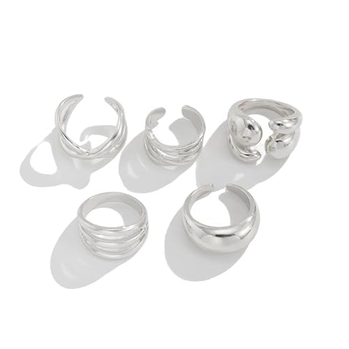 Gold Plated Geometric Chunky Water Drop Ring Set for Women,Open Adjustable Twisted Stacked Knuckle Finger Ring Set Punk Party Jewelry Accessories Gift - color: Silver