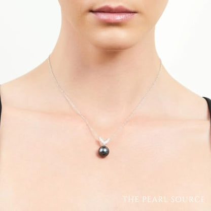 The Pearl Source 14K Gold 11-12mm Round Black Tahitian South Sea Cultured Pearl & Diamond Belissima Pendant Necklace for Women