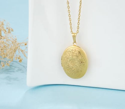 YOUFENG Oval Round Flower Locket Necklace that Holds Pictures Photo Locket Pendant - style: Oval Gold-plated