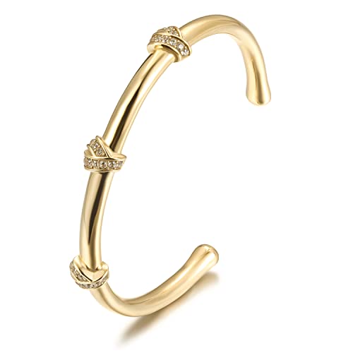 18K Gold Filled Cuff Bracelet for Women, 6.5" Inner Circ.Bracelet Bangle with Cubic Zirconia Stones Hinged Jewelry with Crystal, Fits 5.8”–6.5” Wrists