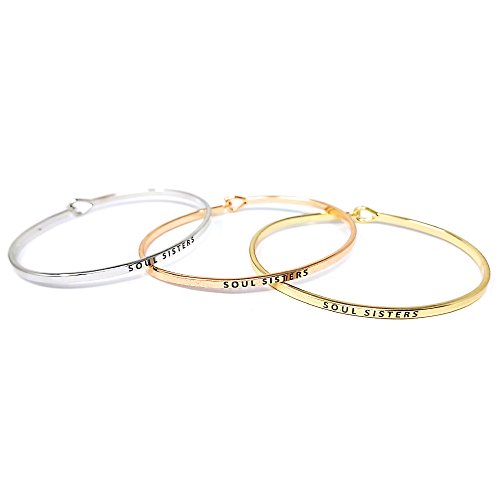 by you Inspirational Positive Message Engraved Thin Cuff Bangle Hook Bracelet - color: Soul Sisters-Silver