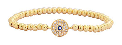Women Evil Eye Ball chain Elastic bracelet with CZ Cubic Zirconia - color: Gold