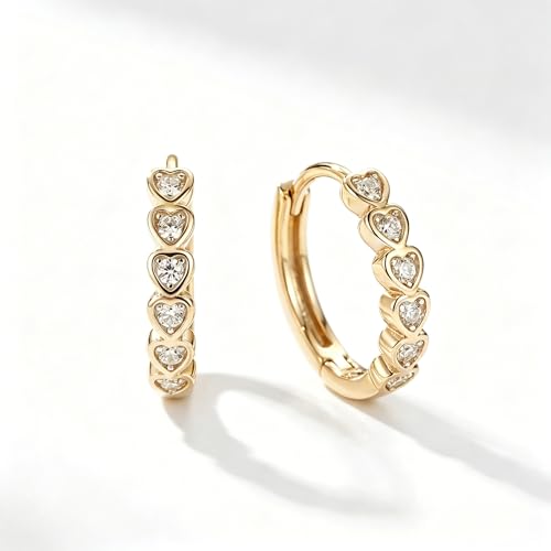 Women's 925 Sterling Silver Earrings -14mm, Exquisite White Heart Hoop Earrings With Sparkling Cubic Zirconia, Lightweight Hypoallergenic, Fashion Cute Jewelry Gift, Daily And Party Wear - color: Gold
