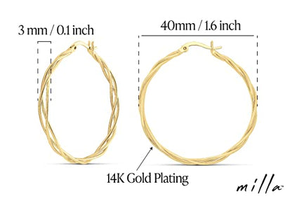 Milla Twisted Hoop Earrings for Women – Hypoallergenic Silver or Gold Statement Hoops – Lightweight & Easy to Wear - color: Gold Plated / 1.6 in / Dainty