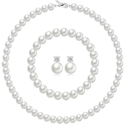 Classic Faux Pearl Necklace Bracelet Earrings Jewelry Set for Women Pearl Clip-on Stud Drop Dangle Earrings Jewelry Set Statement Bridesmaid Bride Birthday Wedding Accessory - color: Stud Earrings Set