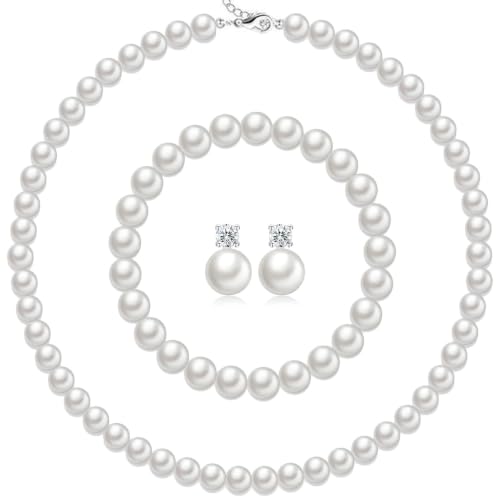 Classic Faux Pearl Necklace Bracelet Earrings Jewelry Set for Women Pearl Clip-on Stud Drop Dangle Earrings Jewelry Set Statement Bridesmaid Bride Birthday Wedding Accessory - color: Stud Earrings Set