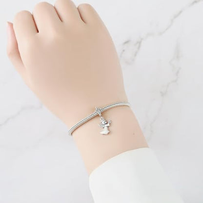 925 Sterling Silver Charms for Bracelets and Necklace Religious Cross Pendants Praying Hands, Bible, Virgin Mary, Jesus, Church Bead Jewelry - color: Angel Cross