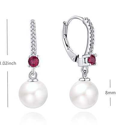 JO WISDOM 925 Sterling Silver Freshwater Pearl Hoop Earrings with Dangle Real Pearl,Simulated Pearls - color: B-8mm white pearl,ruby
