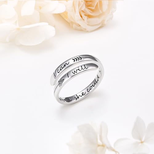 Ladytree Adjustable Inspirational Rings 925 Sterling Silver Stacking Wrap Spiral Twist Statement Band Encouragement Birthday Gift for Women Men - style: She believed she could so she did ，I can I will