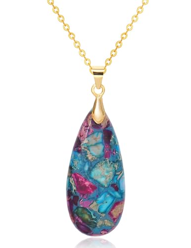 Stone Necklaces for Women Teardrop Gemstone Pendant Necklace Natural Stone Chain Necklaces - color: Blue Colorful Gold