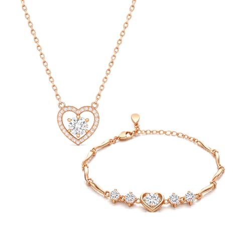 Nilu's Collection Women's Copper Sterling Silver Heart Shape Stone Charm Bracelet - color: Rose Gold Pendant + Bracelet
