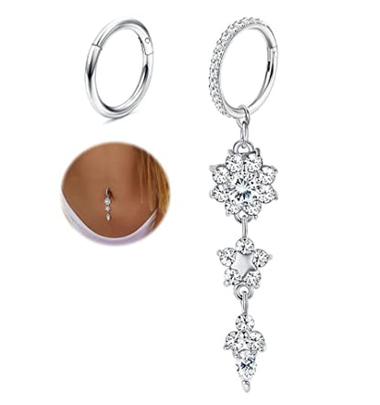 THUNARAZ 14G Hoop Belly Button Rings for Women CZ Clicker Navel Piercing | Surgical Stainless Steel Belly Navel Rings, Hoop Heart Butterfly Dangle Belly Piercing Jewelry - color: Silver Tone-Dangle