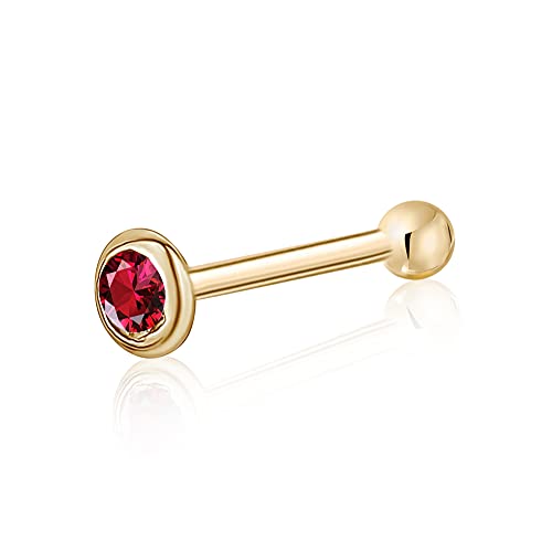 Massete 18k 14k Gold Nose Ring - 20g Nose Stud, Hypoallergenic Threadless Piercings for Women Men, Yellow White Rose Real Gold Standard or Long Nose Rings Studs, CZ or Ball Nose Piercing Jewelry - color: Simulated Ruby - 14k Yellow Gold, size: Standard Le