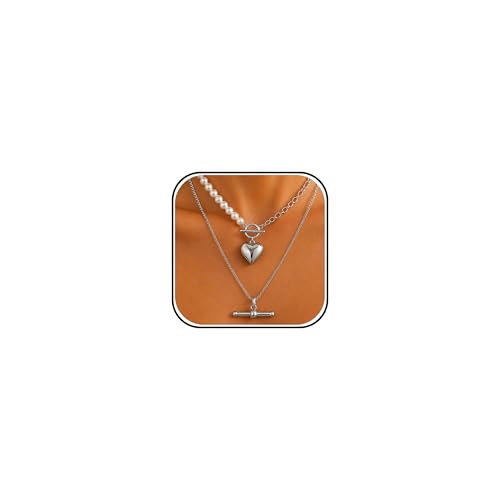 T Bar Necklace Gold Heart Pendant Necklace for Women Layered Pearl Necklaces Toggle Pendant Stack Necklaces for Women Trendy 2026 Summer Statement Jewelry for Daily Wear Fashion Accessories Gifts - color: A3:2pcs-silver