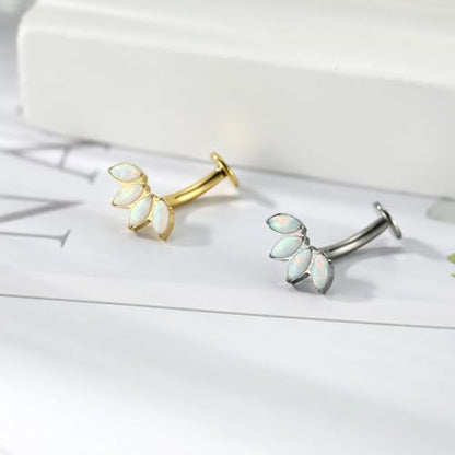 G23 Titanium Belly Jewelry 14G Flat Bottom Floating Belly Button Rings Curved Belly Barbell Navel Ring Belly Piercing 8/10/12/14mm Navel Rings Belly Piercings Jewelry for Women - color: Style4:Gold,4 Horse Eye White Opal