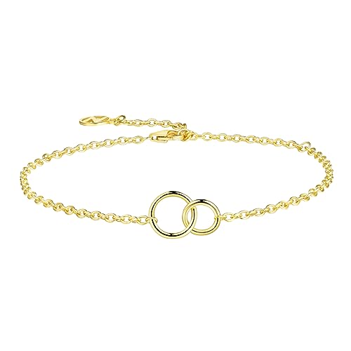 Solid 925 Sterling Silver Bracelets for Women, Dainty Interlocking Circles Cubic Zirconia Adjustable Chain Bracelet, Trendy Stackable Link Bracelets, Simple Cute Jewelry Gifts - color: Gold Interlocking Circles