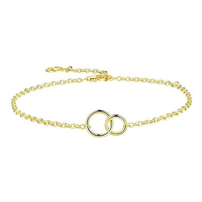 Solid 925 Sterling Silver Bracelets for Women, Dainty Interlocking Circles Cubic Zirconia Adjustable Chain Bracelet, Trendy Stackable Link Bracelets, Simple Cute Jewelry Gifts - color: Gold Interlocking Circles
