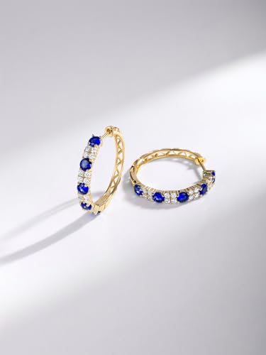 Women's Huggie Hoops with Birthstone 925 Sterling Silver Huggie Stud Hypoallergenic 14K Gold Plated Moissanite Earrings -Emerald Sapphire Ruby Hoop Earrings, Size 20 25mm - color: A -Sapphire Gold, size: 20mm (0.78 Inch)