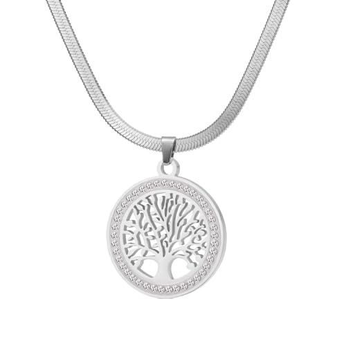 Dreamtimes Tree of Life Necklace for Women Stainless Steel Gold Color Clear Zircon Round Pendant Neck Chains Family Tree Fashion Charm Luxury Jewelry Wedding Gift - color: SILVER-2