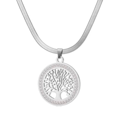 Dreamtimes Tree of Life Necklace for Women Stainless Steel Gold Color Clear Zircon Round Pendant Neck Chains Family Tree Fashion Charm Luxury Jewelry Wedding Gift - color: SILVER-2