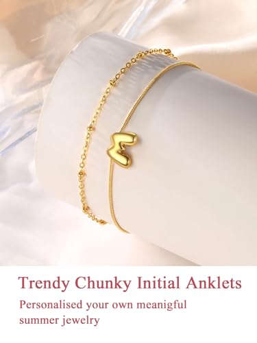 FOCALOOK Initial Anklet Bracelet for Women, 14K Gold Plated Anklets Layer Letter Ankle Chain Non Tarnish, 8.5"+2" Adjustable Large Ankle Summer Beach Foot Jewelry - color: Gold-J
