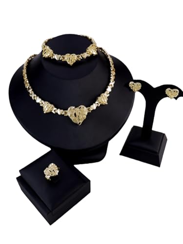 Women's Gold wedding Jewelry Set Tricolor Hugs Kisses Heart necklace set - color: 3 Heart Set