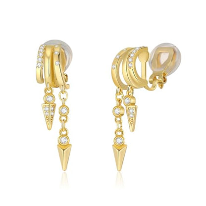 Clip On Earrings for Women Chain Moon Star Cross Hoop Dangle Earring No-Pierced Gold Silver - color: Dangle,Gold tone