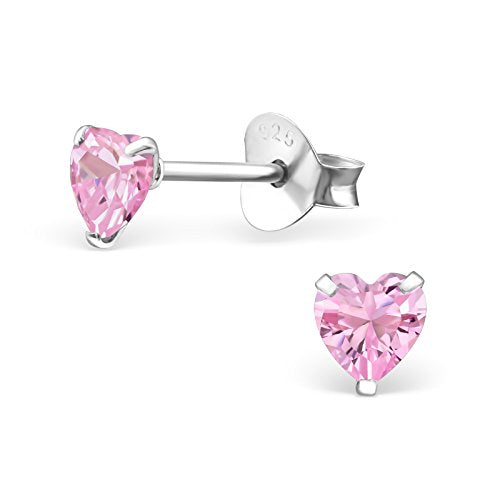 925 Sterling Silver 4mm Heart Birthstone CZ Stud Earrings 33210 (Choose Your Color) (Nickel Free) - color: Pink