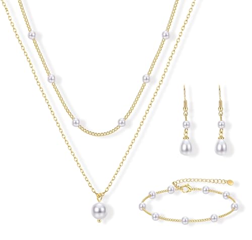 YADOCA Gold Pearl Jewelry Set for Women Bride Bridal Bridesmaid jewelry | 16K Gold Plated Pearl Layered Choker Necklace Earring Bracelets Set Dainty Wedding jewelry Set Gifts - style: Style-A