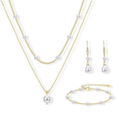 YADOCA Gold Pearl Jewelry Set for Women Bride Bridal Bridesmaid jewelry | 16K Gold Plated Pearl Layered Choker Necklace Earring Bracelets Set Dainty Wedding jewelry Set Gifts - style: Style-A