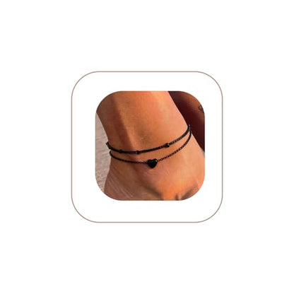 Gold/Silver Anklets for Women，Dainty 14K Gold Plated Waterproof Beaded Ankle Bracelet Non Tarnish Stackable Beach Jewelry Gift - style: 2pc-black