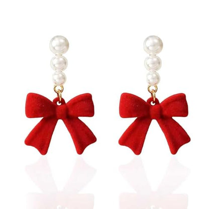 Gold Bow Earrings for Women, Long Tassel Chain Drop Earrings, Trendy Small Bow Earrings, Ribbon Waterfall Dangling Earrings, Pearl Bow Earrings, Sparkly Elegant Bowknot Preppy Jewelry Gifts for Women - color: S-Christmas1