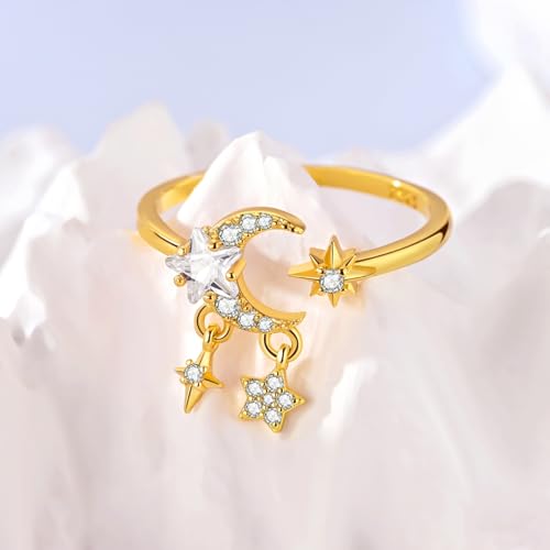 925 Sterling Silver Adjustable Rings for Women 14K Gold Plated Thumb Rings | Stackable Statement Eternity Rings Dainty Starfish Star Moon Heart Lucky Open Ring Trendy Jewelry Birthday Gifts for Ladies - color: 01Gold Star Moon Ring