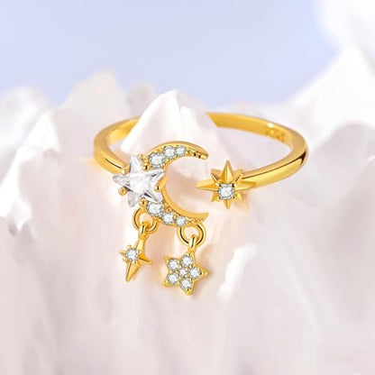 925 Sterling Silver Adjustable Rings for Women 14K Gold Plated Thumb Rings | Stackable Statement Eternity Rings Dainty Starfish Star Moon Heart Lucky Open Ring Trendy Jewelry Birthday Gifts for Ladies - color: 01Gold Star Moon Ring