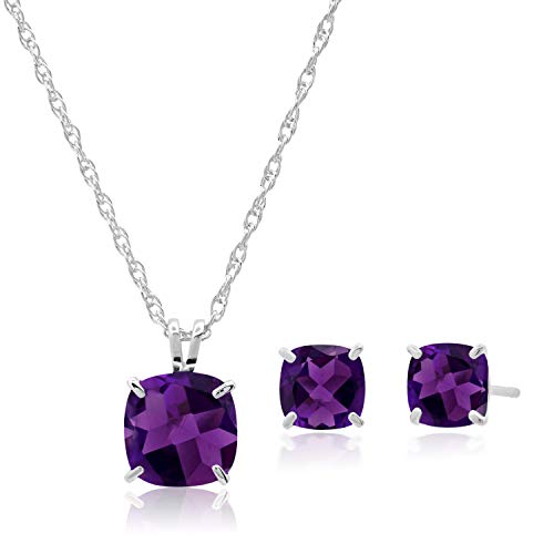 MAX + STONE 14k Gold Plated or Sterling Silver Cushion Cut Gemstone Stud Earrings and Pendant Necklace for Women with 6mm and 8mm Birthstones 18 Inch Chain and Push Backs Jewelry Set - style: Sterling Silver|Genuine Amethyst
