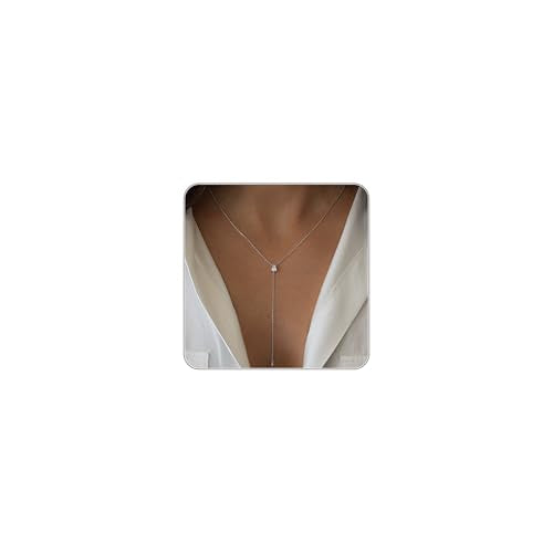 Lariat Necklace for Women, Dainty Long Necklaces, 14k Gold/Silver Plated Y-Shaped Drop Chain Necklace, Simple Layered Necklaces, Trendy Jewelry Gifts - style: Single CZ Y Necklace-Silver