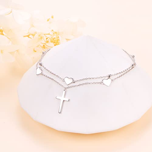 Anklet for Women 925 Sterling Silver Foot Adjustable Ankle Bracelet Jewelry - style: Heart Cross