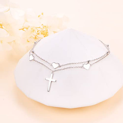 Anklet for Women 925 Sterling Silver Foot Adjustable Ankle Bracelet Jewelry - style: Heart Cross