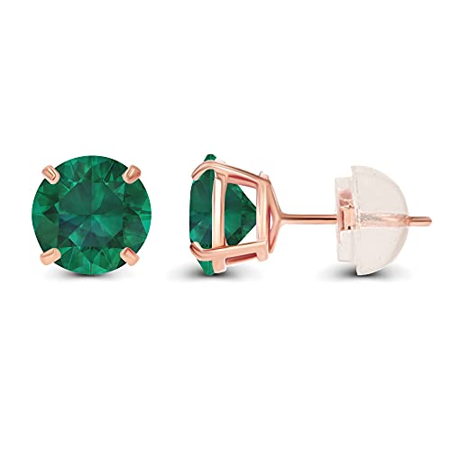 Solid 14K Yellow or White or Rose Gold 6mm Round Genuine Birthstone Gemstone Prong Set Stud Earrings For Women - color: Emerald Created