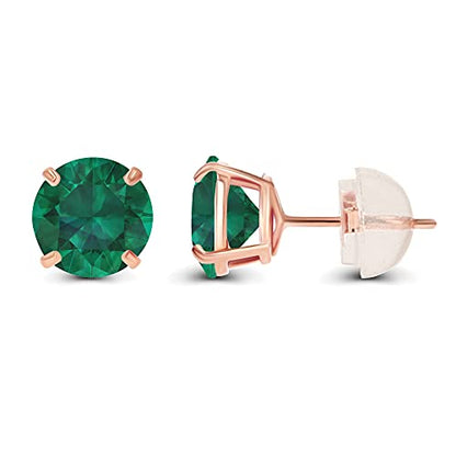 Solid 14K Yellow or White or Rose Gold 6mm Round Genuine Birthstone Gemstone Prong Set Stud Earrings For Women - color: Emerald Created
