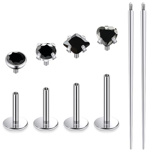 Titanium Flat Back Lip Rings Internally Threaded Earrings Studs Nose Rings 20G 18G 16G Round Heart Square CZ Tragus Cartilage Lobe Rook Helix Conch Labret Medusa Piercing Jewelry for Women Men - color: Black CZ, size: 20G-6/8/10mm