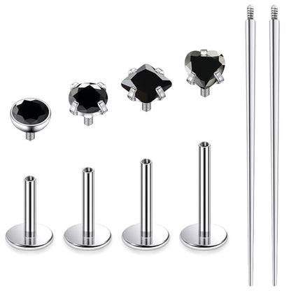 Titanium Flat Back Lip Rings Internally Threaded Earrings Studs Nose Rings 20G 18G 16G Round Heart Square CZ Tragus Cartilage Lobe Rook Helix Conch Labret Medusa Piercing Jewelry for Women Men - color: Black CZ, size: 20G-6/8/10mm