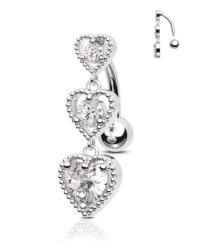 Triple Heart Dangle Belly Button Rings - 14G Reverse Navel Rings Dangly Cute Belly Piercing Jewelry - Stainless Steel - color: Silver