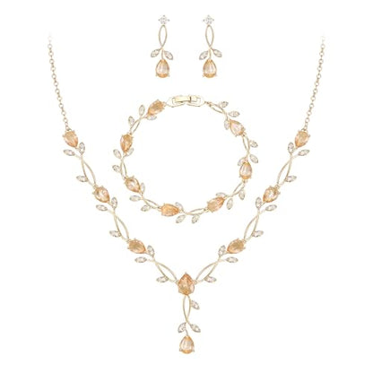 EVER FAITH Cubic Zirconia Pearl Leaf Bridal Jewelry Set for Bride Women | White Wedding Prom Necklace Dangle Earrings Bracelet, for Bridesmaid - color: CZ_Champagne Gold-Plated-Brass