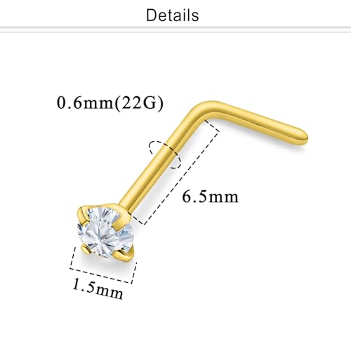 Nose Studs Surgical Steel Nose Rings Studs with Cubic Zirconia 10Pcs Tiny Nostril Rings for Women Screw Bone and L-Shaped Nostril Piercing Jewelry 24G 22G 20G 18G - color: goldtone,L shaped nose studs, size: 22g,1.5mm Clear CZ