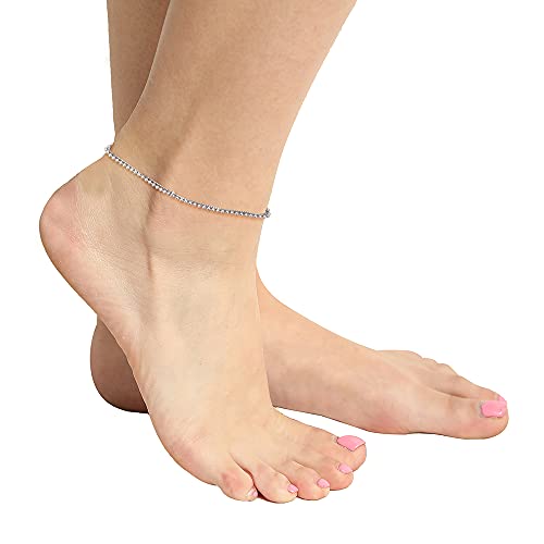Vanbelle Sterling Silver Jewelry Double-Layered Beaded Chain Anklet with Rhodium Plating for Women