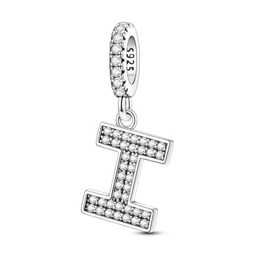 Hapour Letter 925 Sterling Silver Charm with Cubic Zirconia Alphabet A-Z Initial Dangle Charms Beads Pendent DIY Jewelry for Bracelets Necklace - color: I