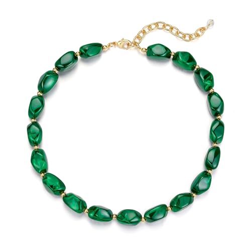 Boho Chunky Beaded Necklace for Women Lightweight Resin Beads for Summer Beach & Vacation Trendy Statement Jewelry Gift for Her - color: Dark Green