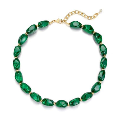 Boho Chunky Beaded Necklace for Women Lightweight Resin Beads for Summer Beach & Vacation Trendy Statement Jewelry Gift for Her - color: Dark Green